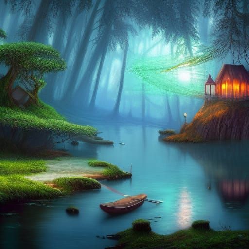 Crystal Island Campfire Scene in Sci-Fi Landscape