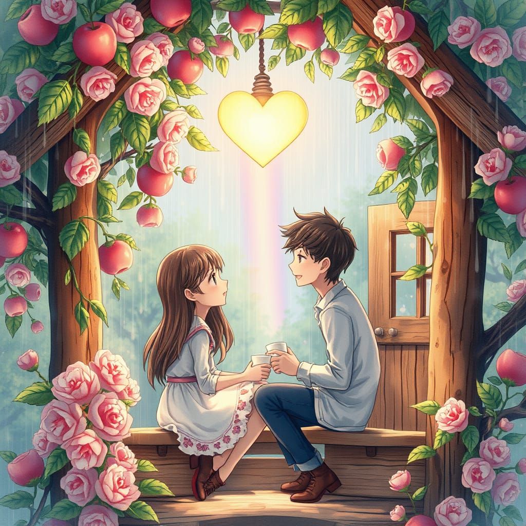 Romantic Watercolor-Style Lovers in a Treehouse