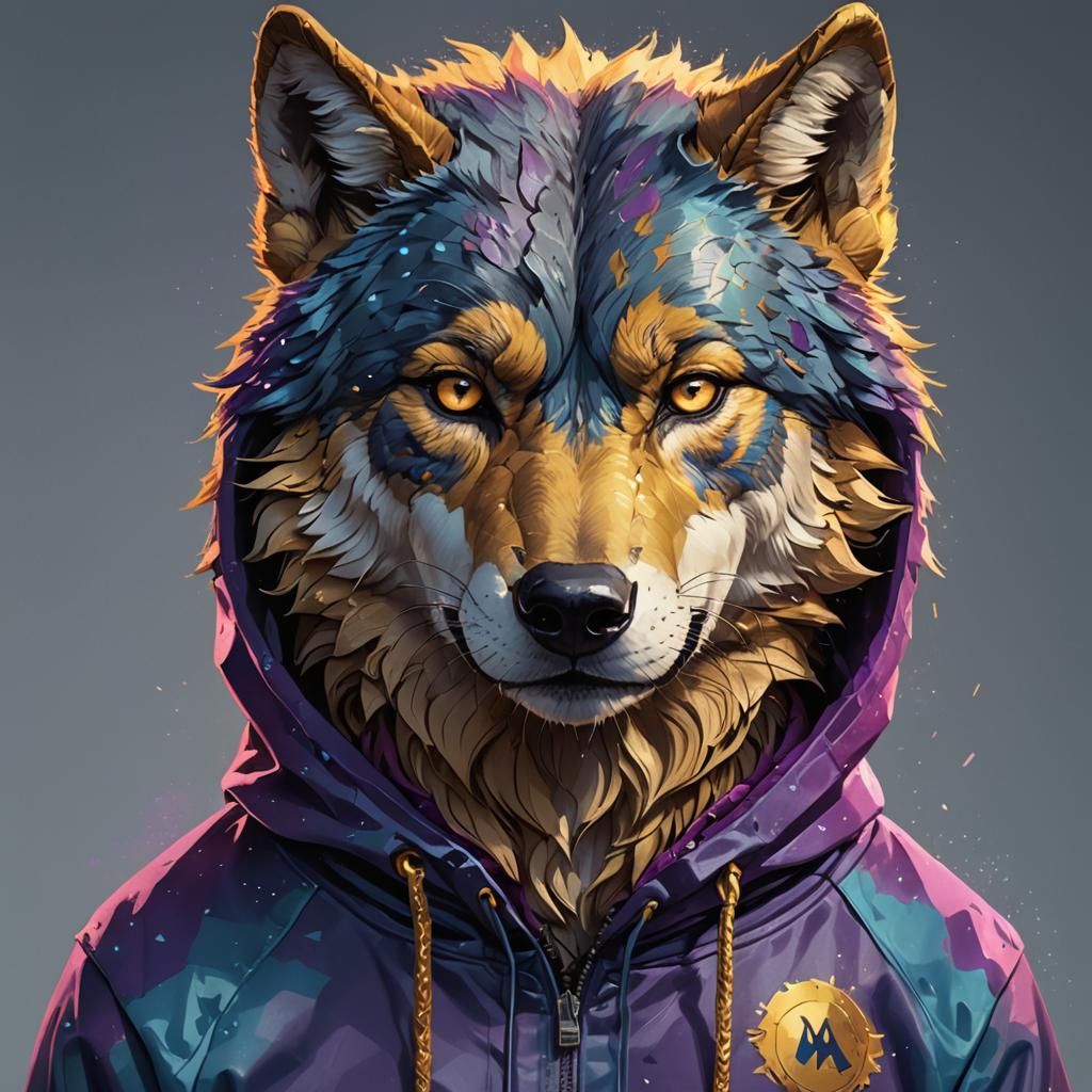 Confident Wolf Portrait in Hoodie, Hyperrealistic Digital Ar...
