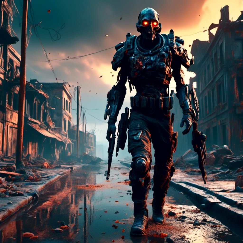 Futuristic Soldier in Post-Apocalyptic Cityscape