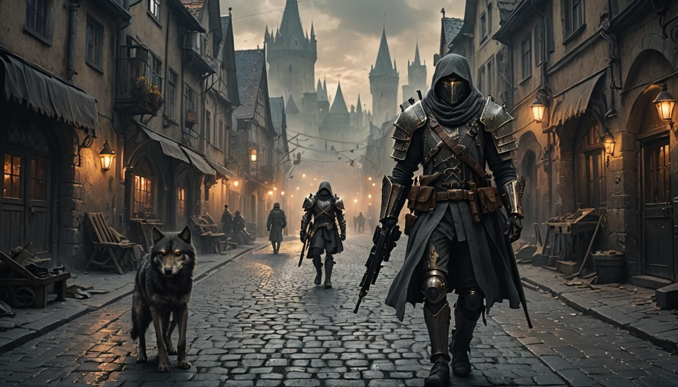 Lone Wolf in Dystopian Robot City: Dark Fantasy Art