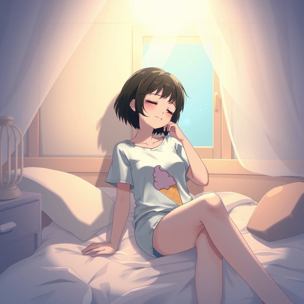 Anime Girl Sleeping in Cozy Bedroom at Night