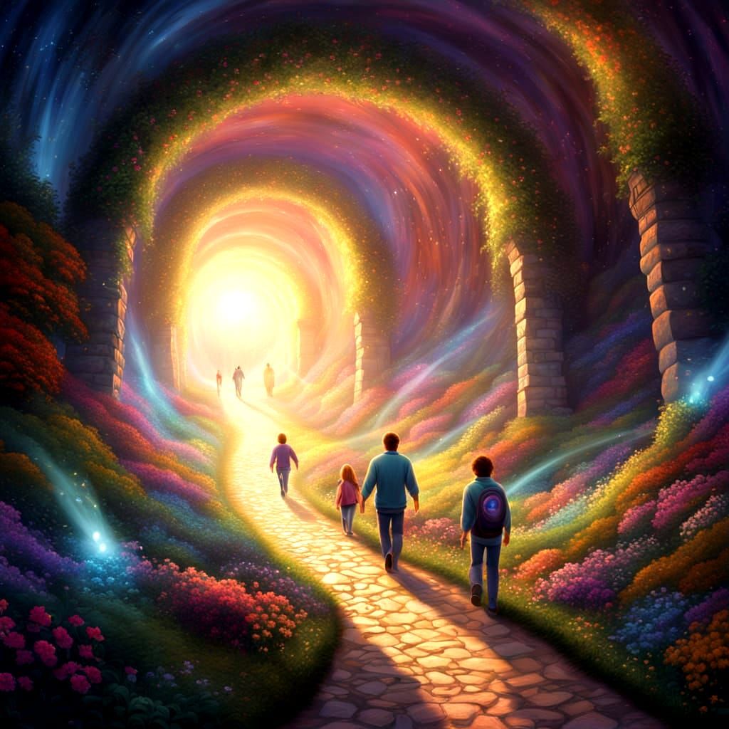 Fantasy Tunnel Walkers Towards Ethereal Light