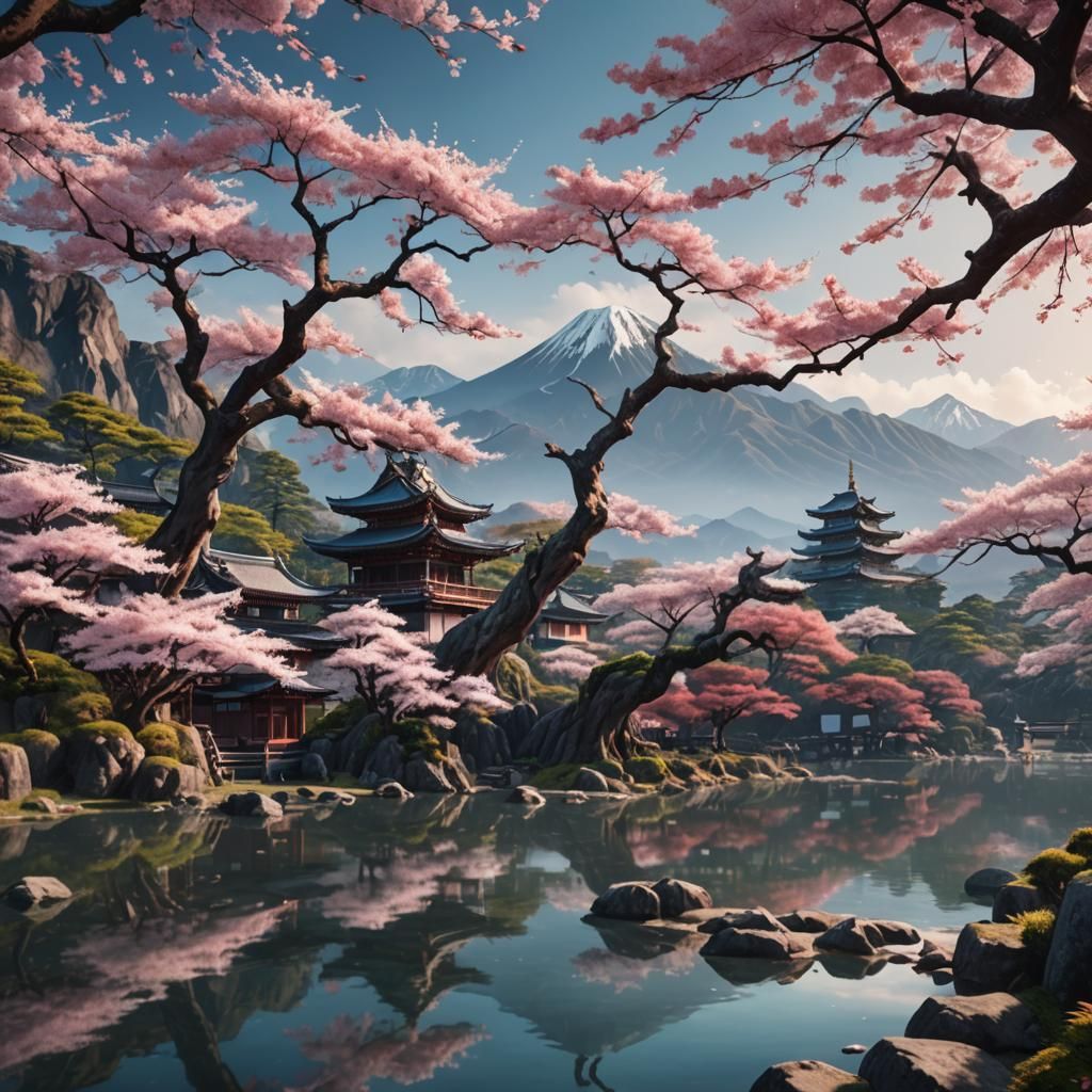 Japanese Landscape with Sakura Tree, Digital Painting
