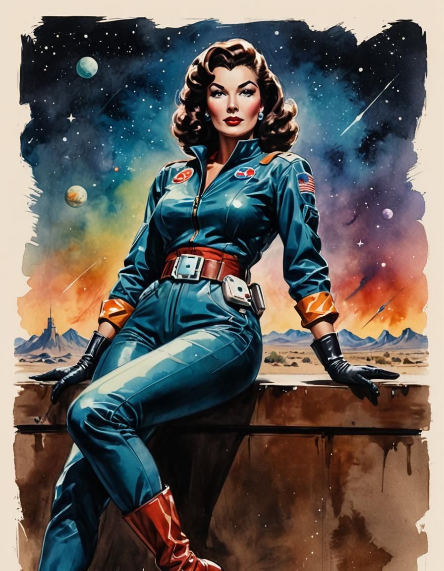 Retro Sci-Fi Pinup Girl in Dreamy Watercolor Style