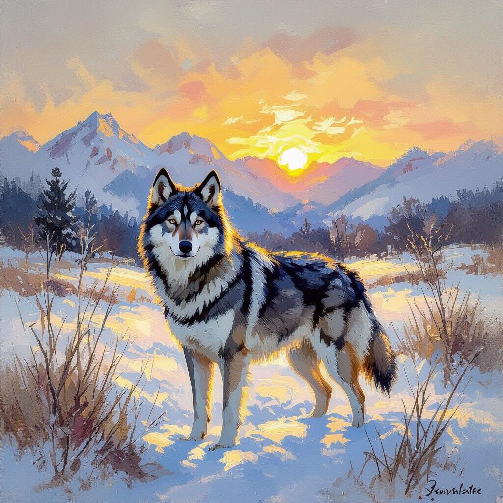 Wolf Dog in Snowy Field, Impressionist Style