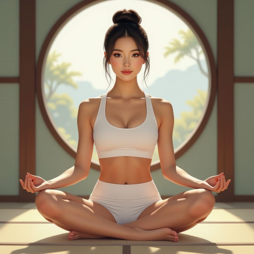 Korean Woman in Yoga Pose, Art Nouveau Style