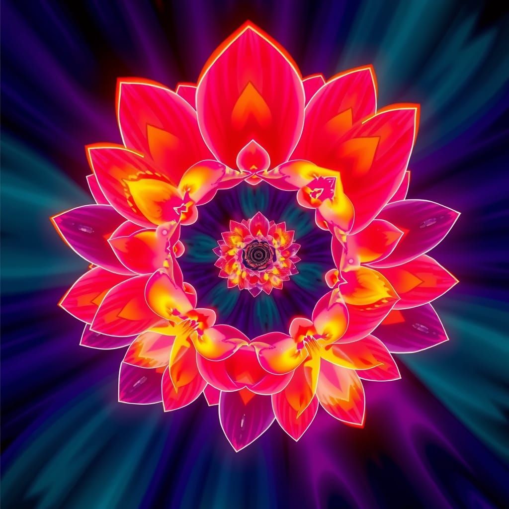 Neon Lotus Fractal in Synthwave Style