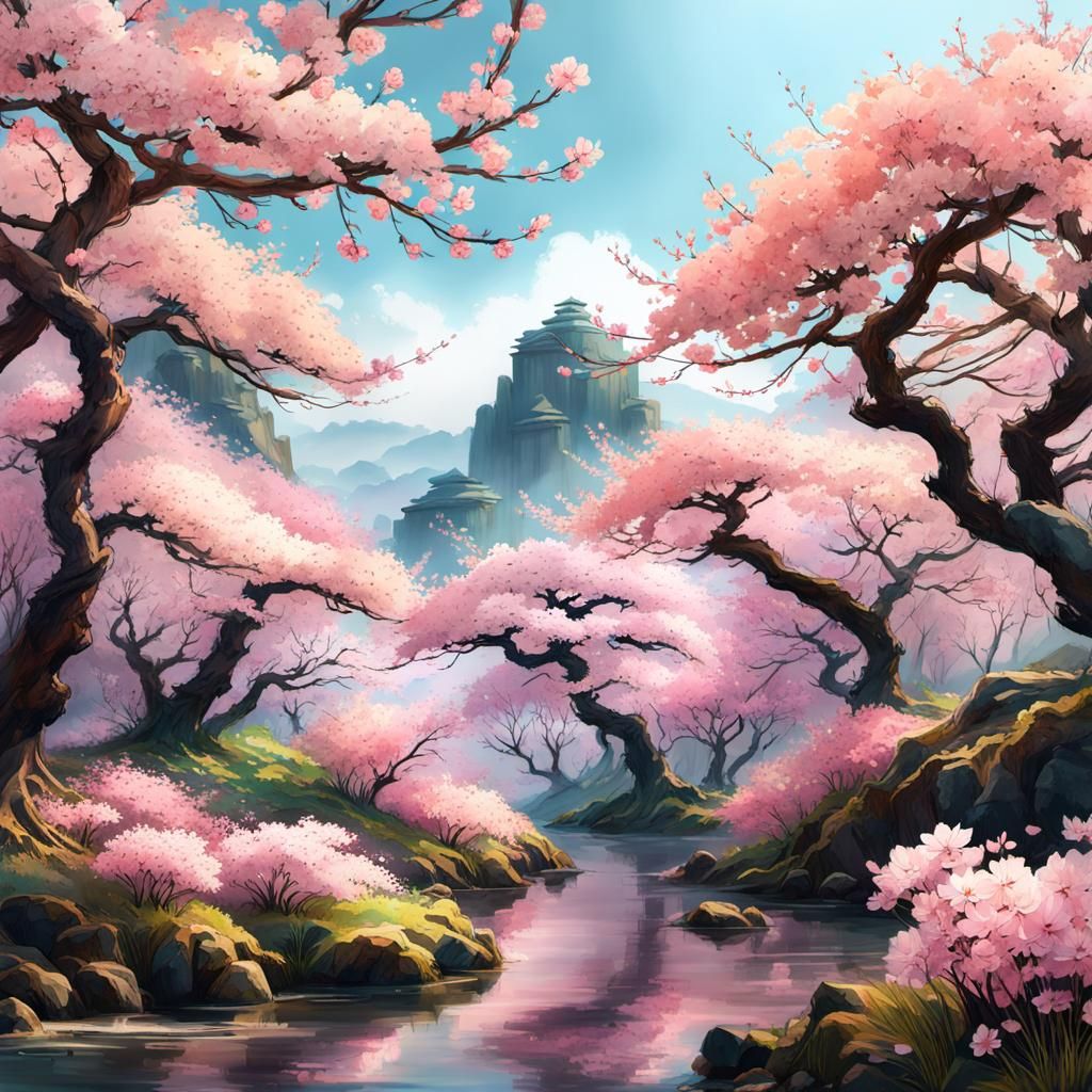 Peach Blossom Forest in Digital Watercolor Style