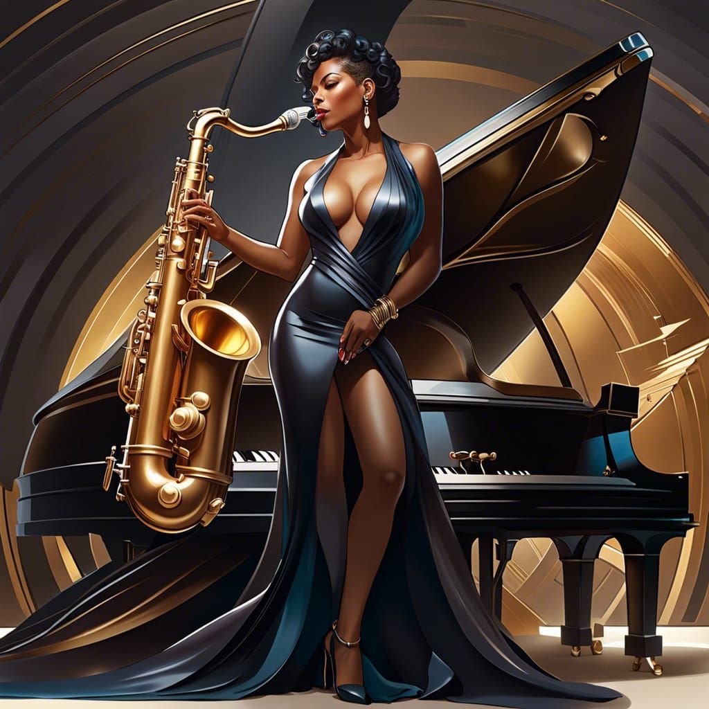 Jazz Woman Playing Saxophone, Hyperdetailed Portrait