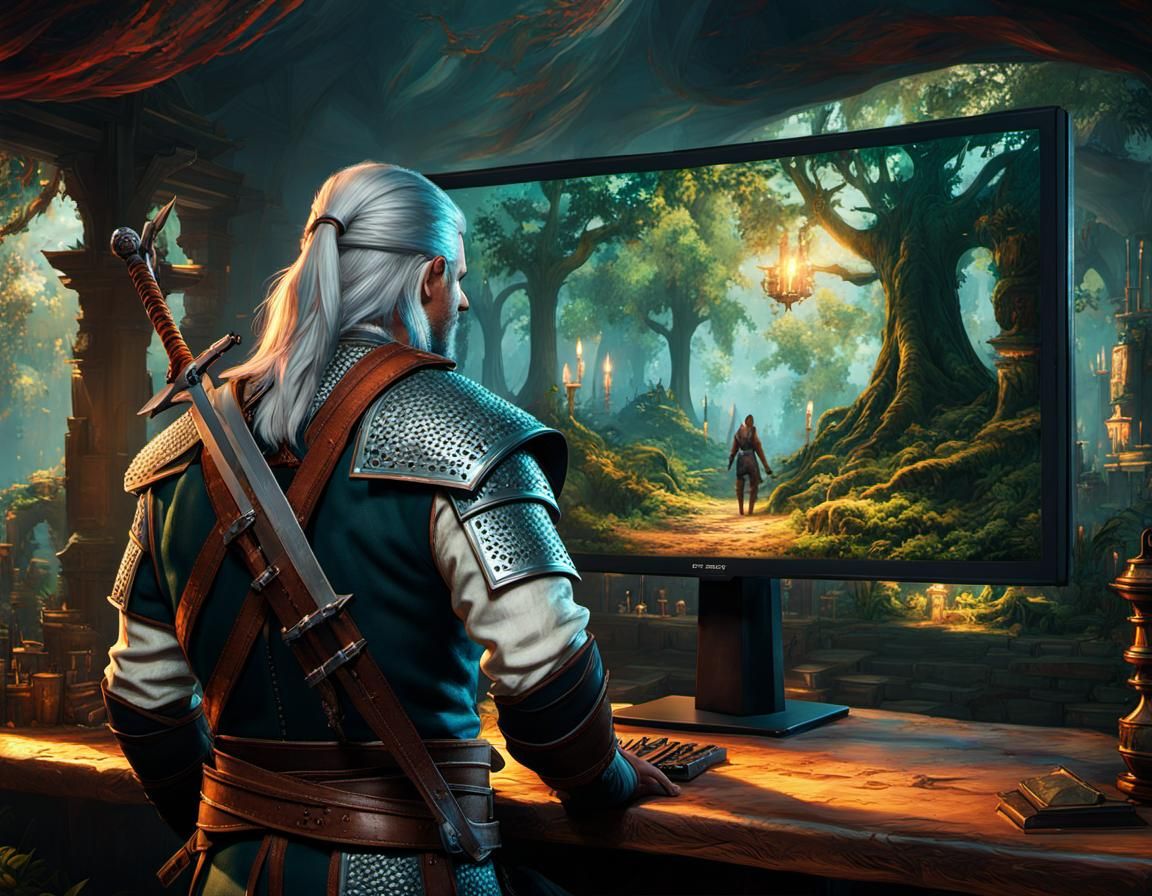 Geralt playing Witcher 3 in Novigrad