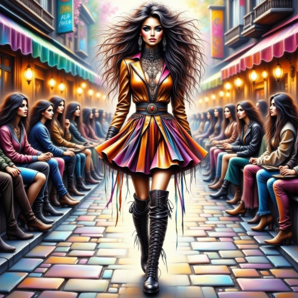 Glamorous Boho Fashion Model Struts Down Catwalk