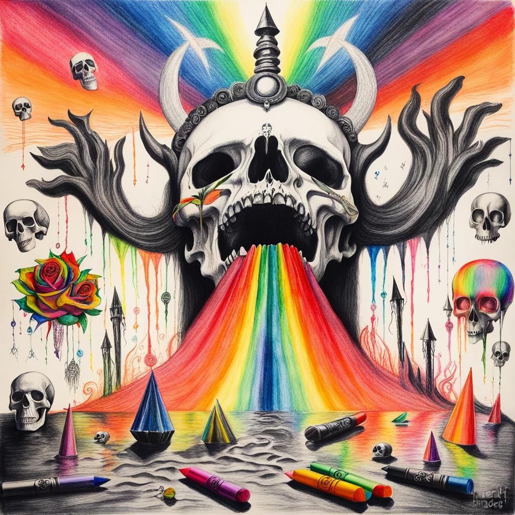 Surreal Crayon Drawing: Goth Woman in Darkness