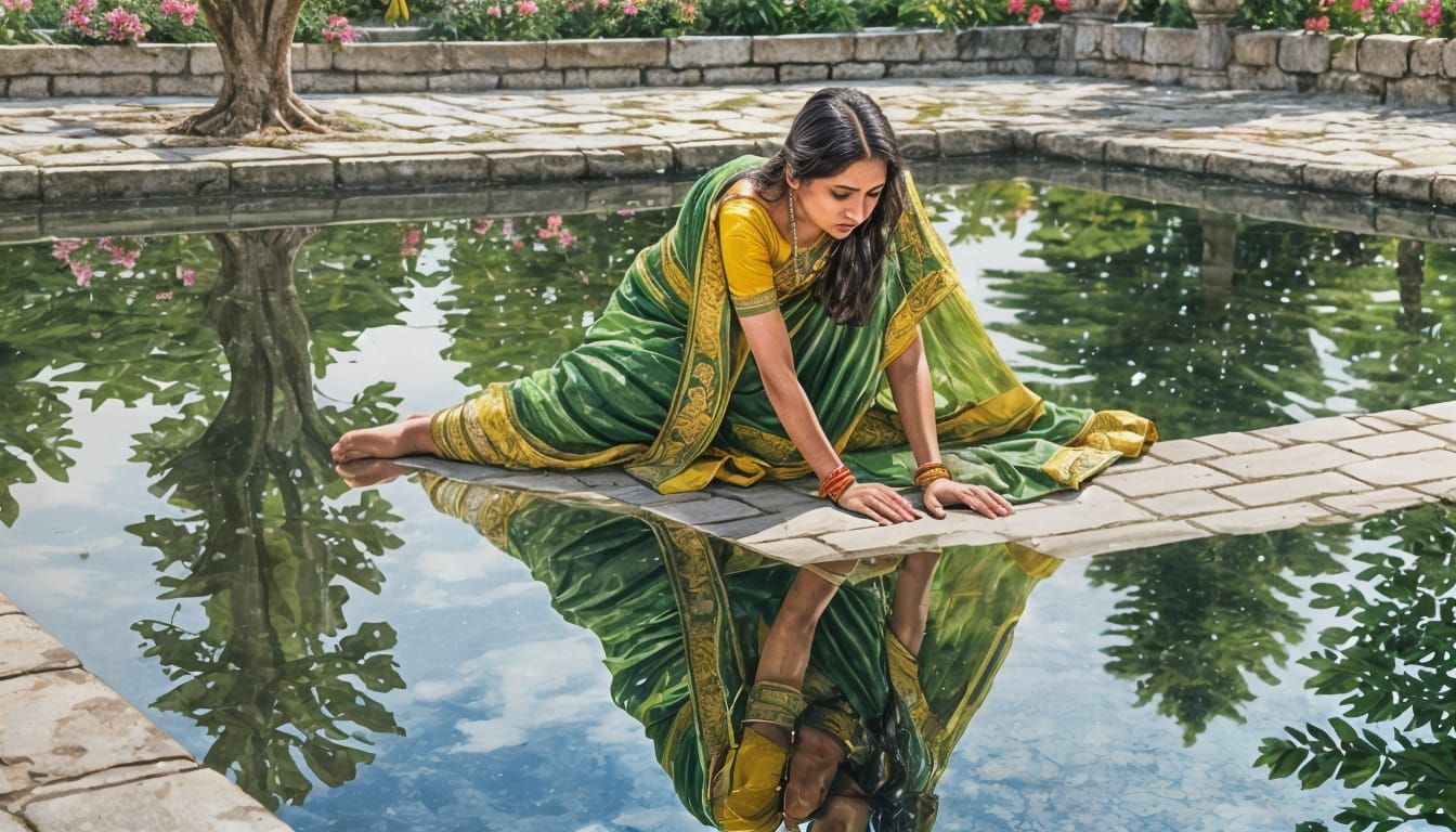 Indian Woman Reflects in Paradise Garden Watercolour