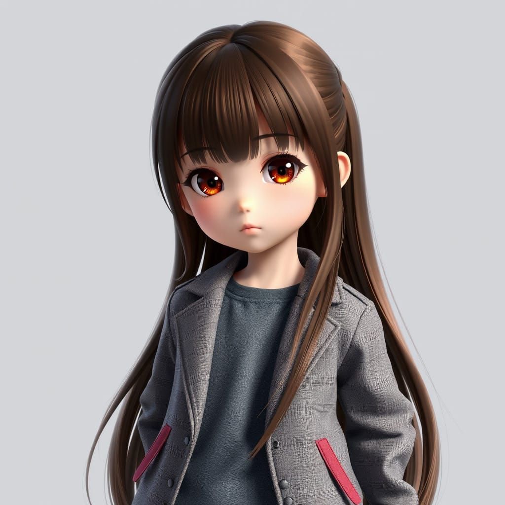 Anime-Inspired 3D Girl with Long Brown Hair and Gray Checker...