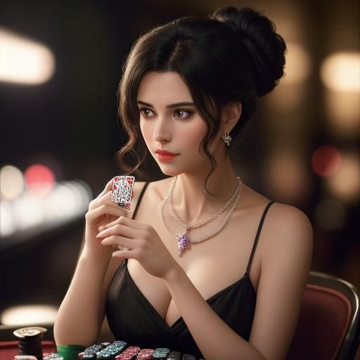 Brunette Playing Cards in Casino, Hyperrealistic Portrait