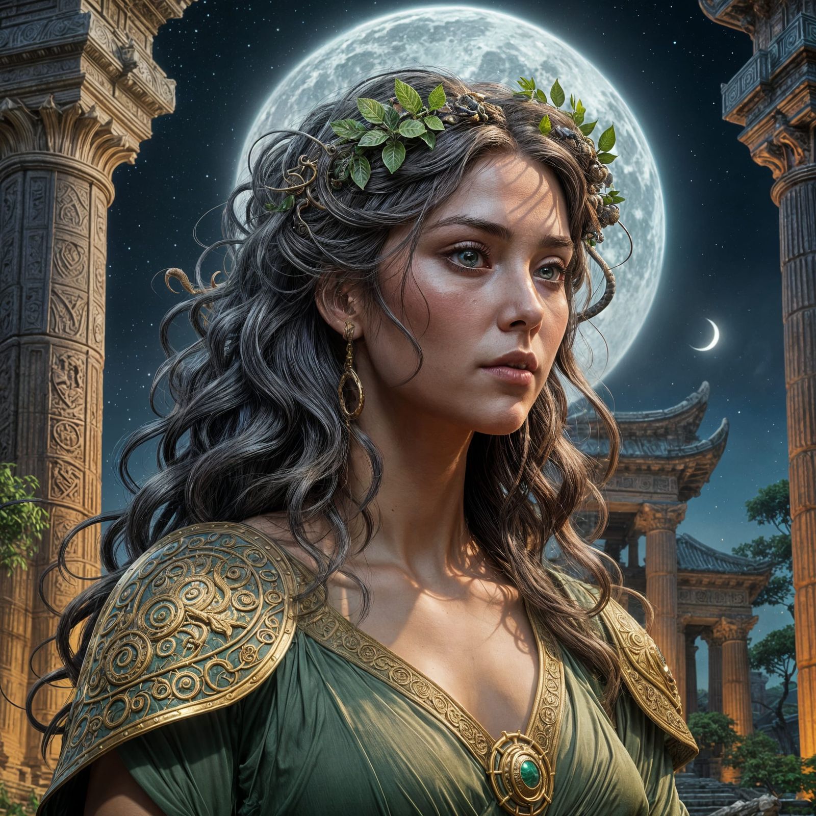 Medusa in Silk Dress: Hyperdetailed Portrait