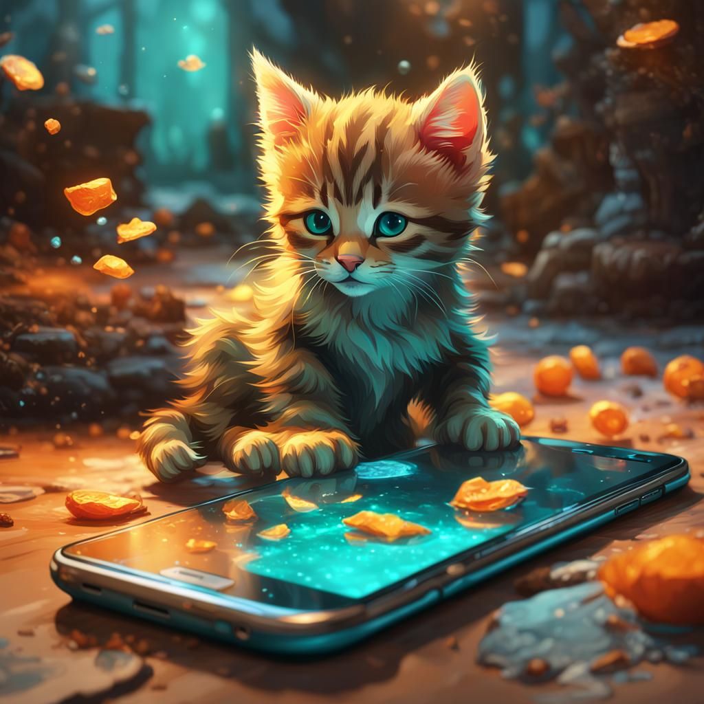 Kitten Plays on Phone: Detailed Digital Art