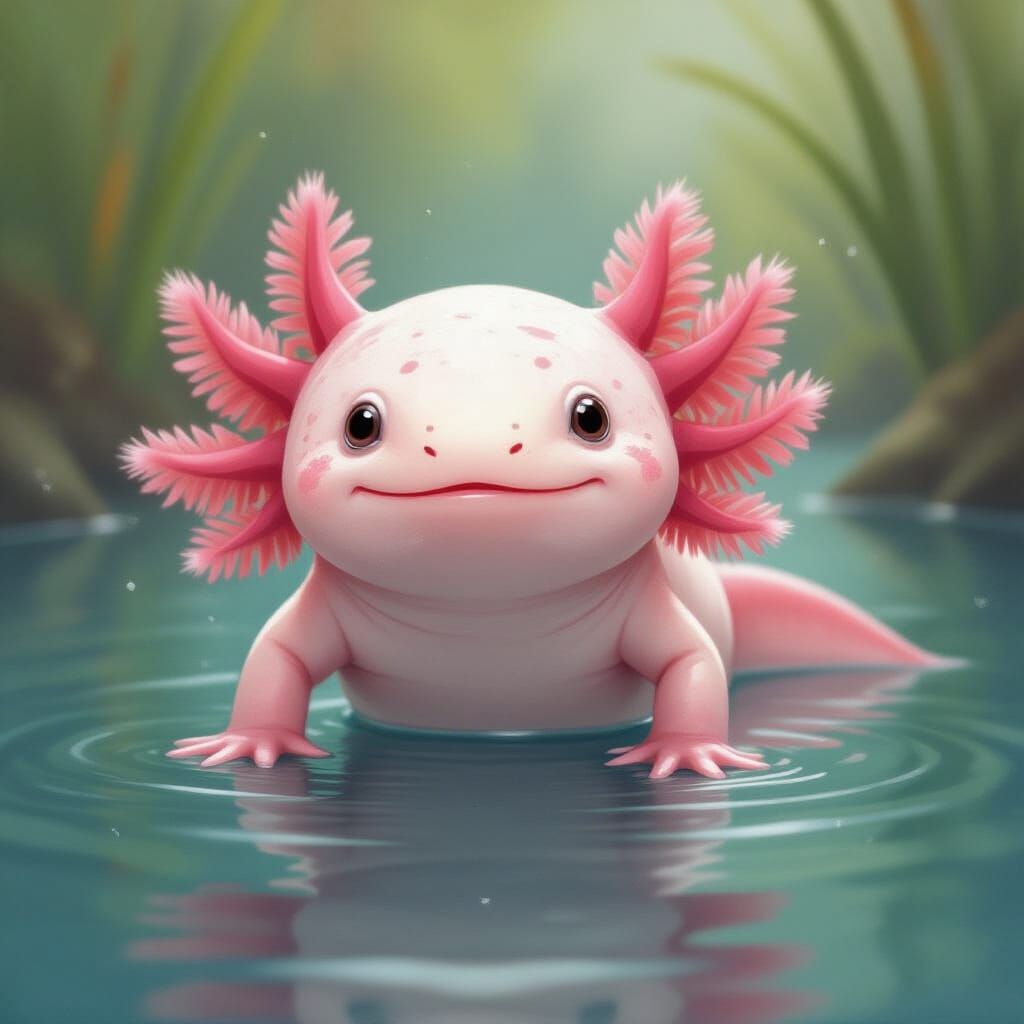 Axolotl in Lake: Realistic Watercolor Painting