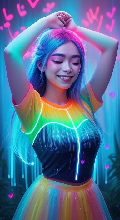 Girl Catching Neon Hearts in Magical Forest, Digital Art