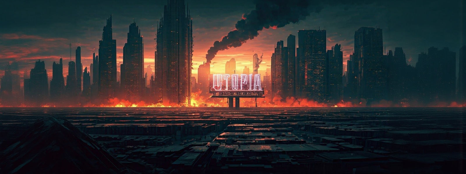 Dystopian Metropolis Ablaze with Neon Utopia Sign