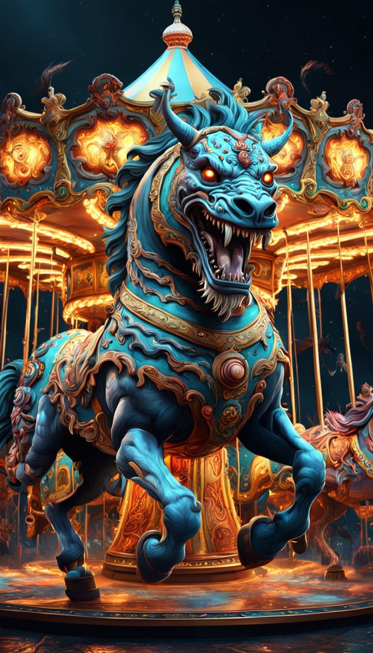 Grotesque Carousel Creatures in Detailed Digital Painting