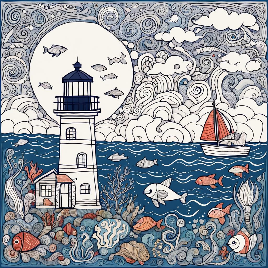 Naive Folk Art Lighthouse Doodle by Ocean