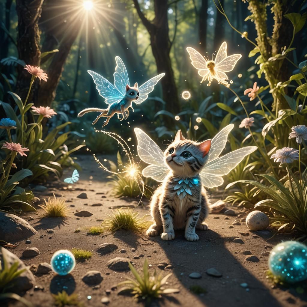 Fairy with Kitten in Bioluminescent Landscape