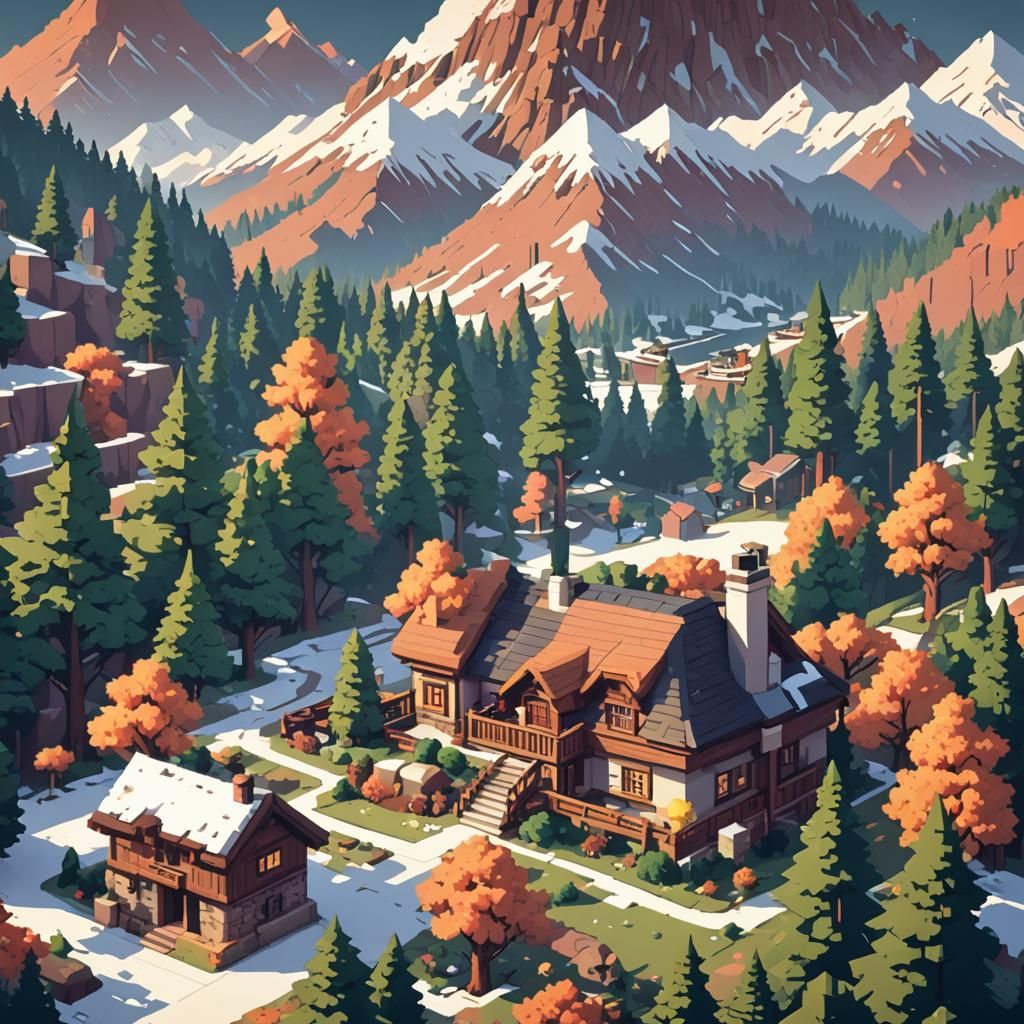 A pixel art Lodge Resort in the mountains