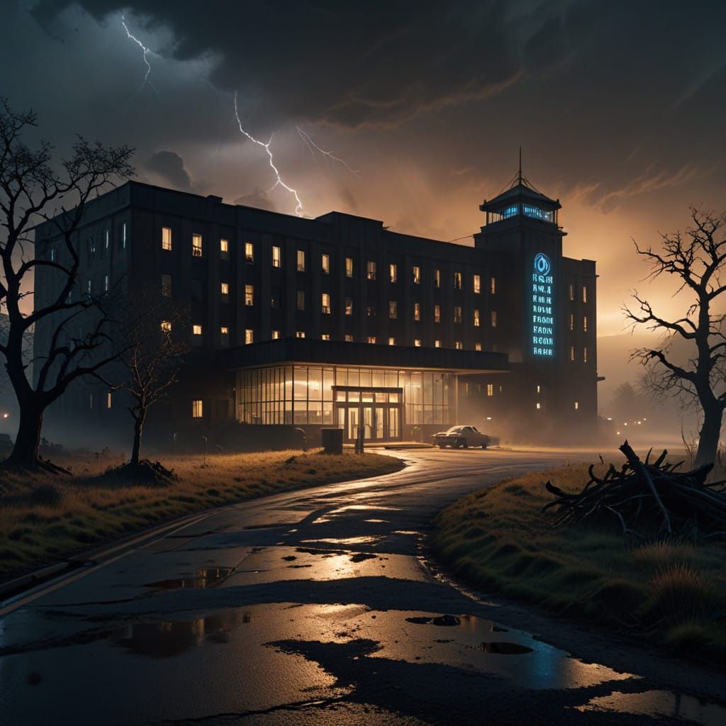 Surreal Horror Hospital Under Dark, Stormy Skies in Cinemati...