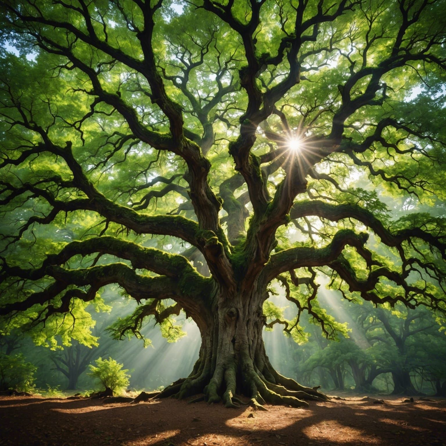 Mystical Oak Tree in Sunlit Forest