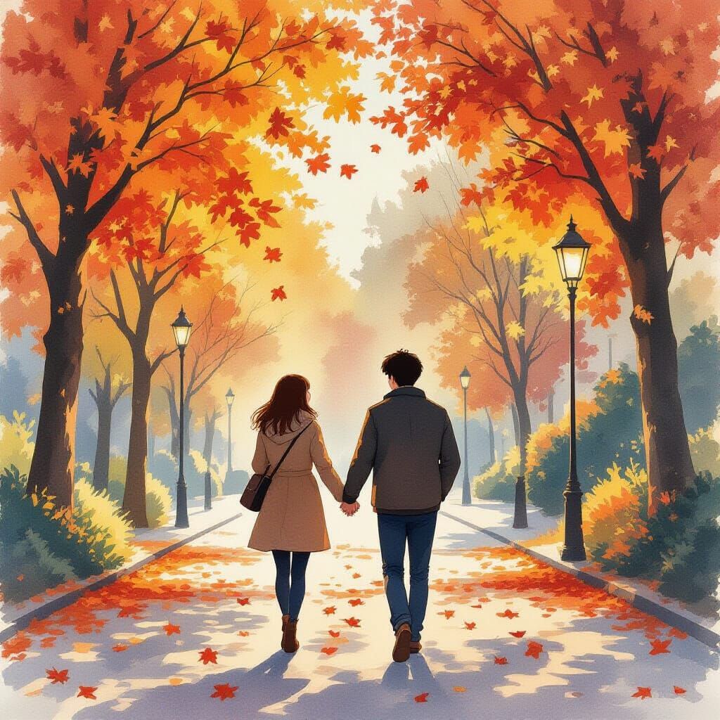 Romantic Autumn Walk in Watercolor Style