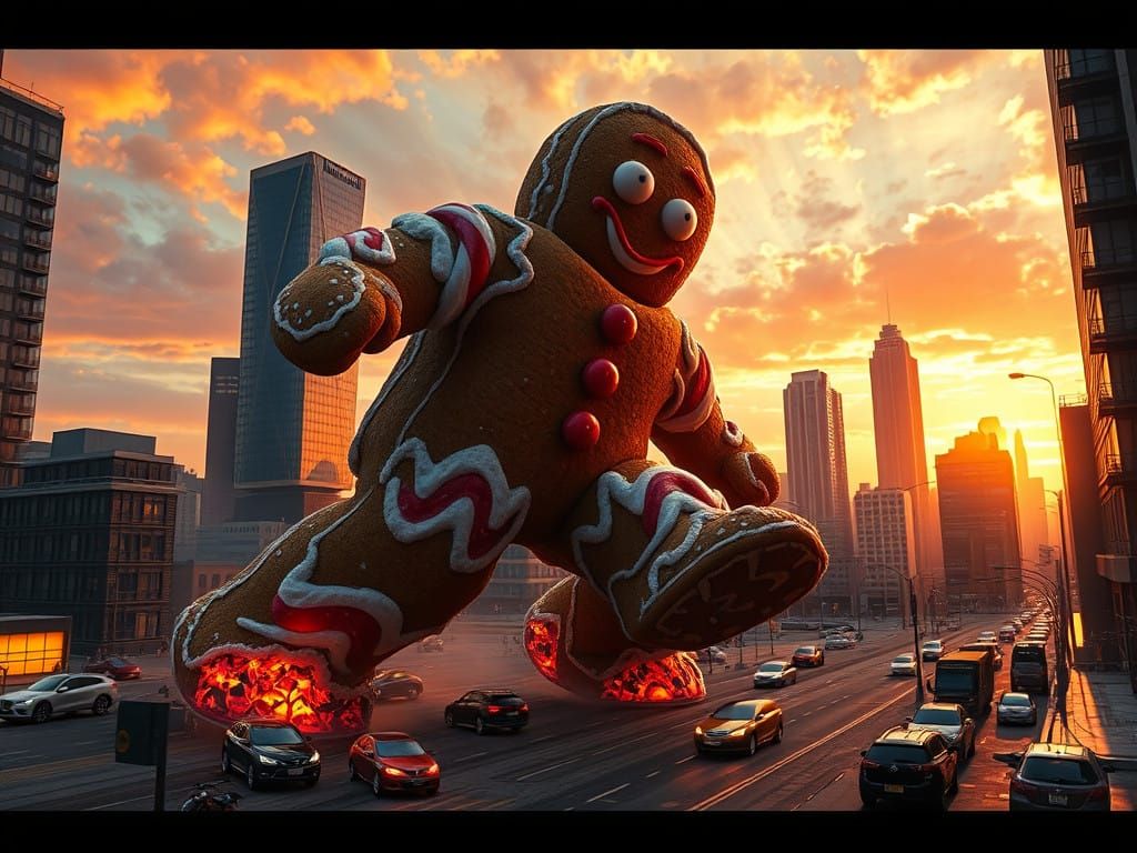 (A colossal gingerbread man rampaging through a modern cityscape, its cookie body cracking slightly with each thunderous...