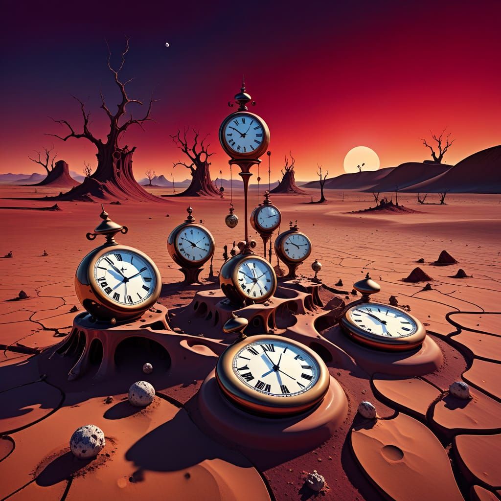 Surreal Desert Dreamscape with Melting Clocks in Crimson Twi...