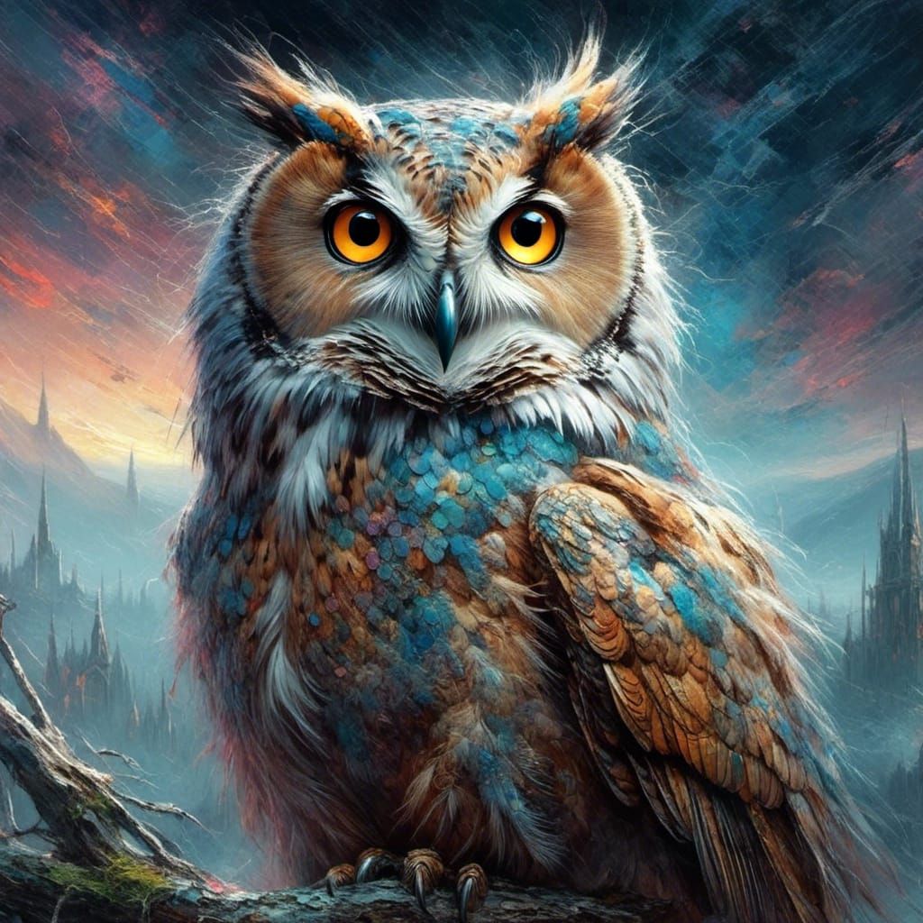 Blind Owl with Galaxy Eyes: Surreal Matte Painting