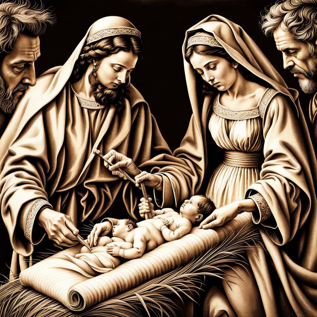Detailed Nativity Scene in Pen and Parchment