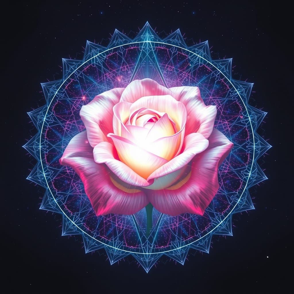 Cosmic Rose Mandala in Vibrant Holographic Style
