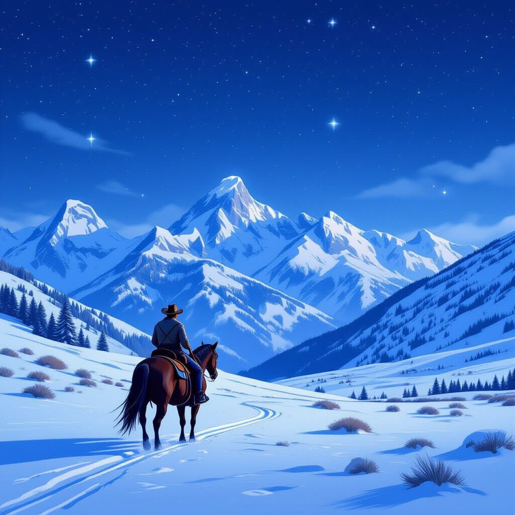Cowboy Rides Through Snowy Mountains Under Starry Night Sky