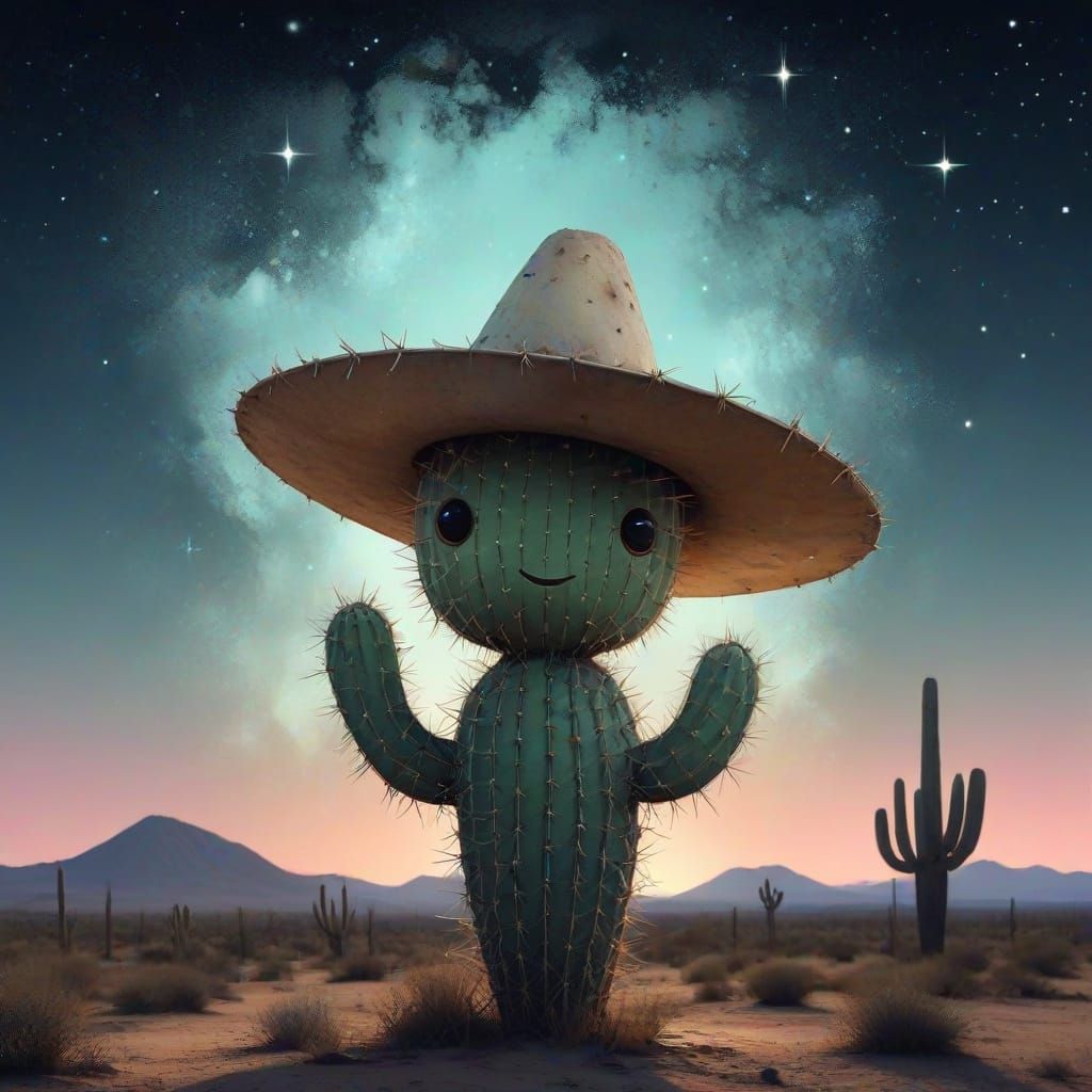 Surreal Twilight Desert Scene with Whimsical Chibi Cactus
