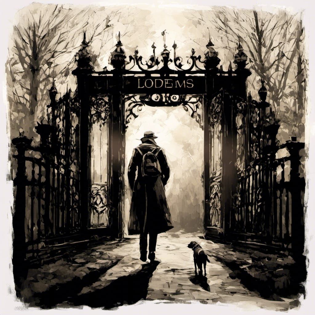 Evening Stroll with Dog in Doodle Art Style