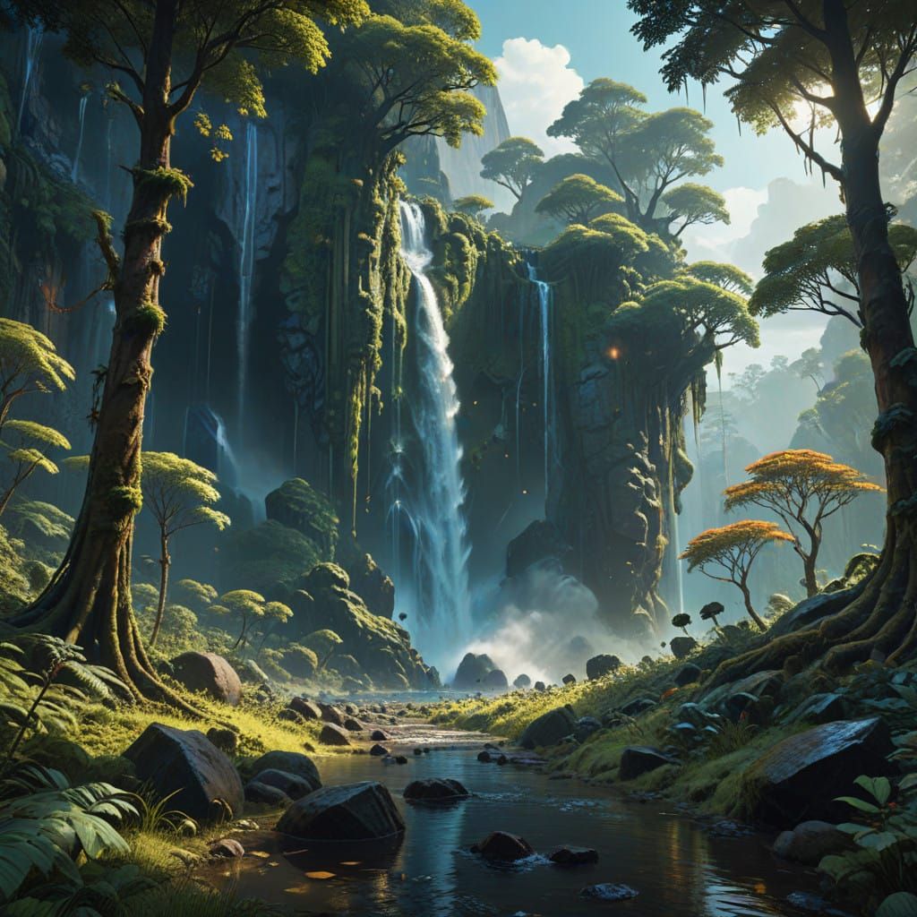 Lush Rainforest with Cascading Waterfall in Vibrant HDR