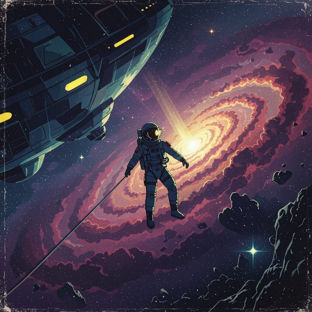 Astronaut in Nebula, Tethered to Spaceship