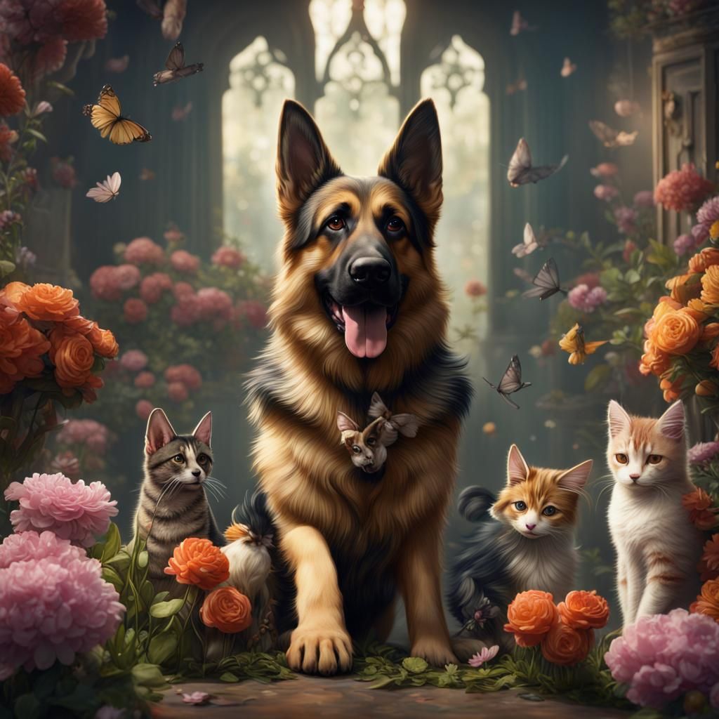 Playful German Shepherd with Cats and Flowers