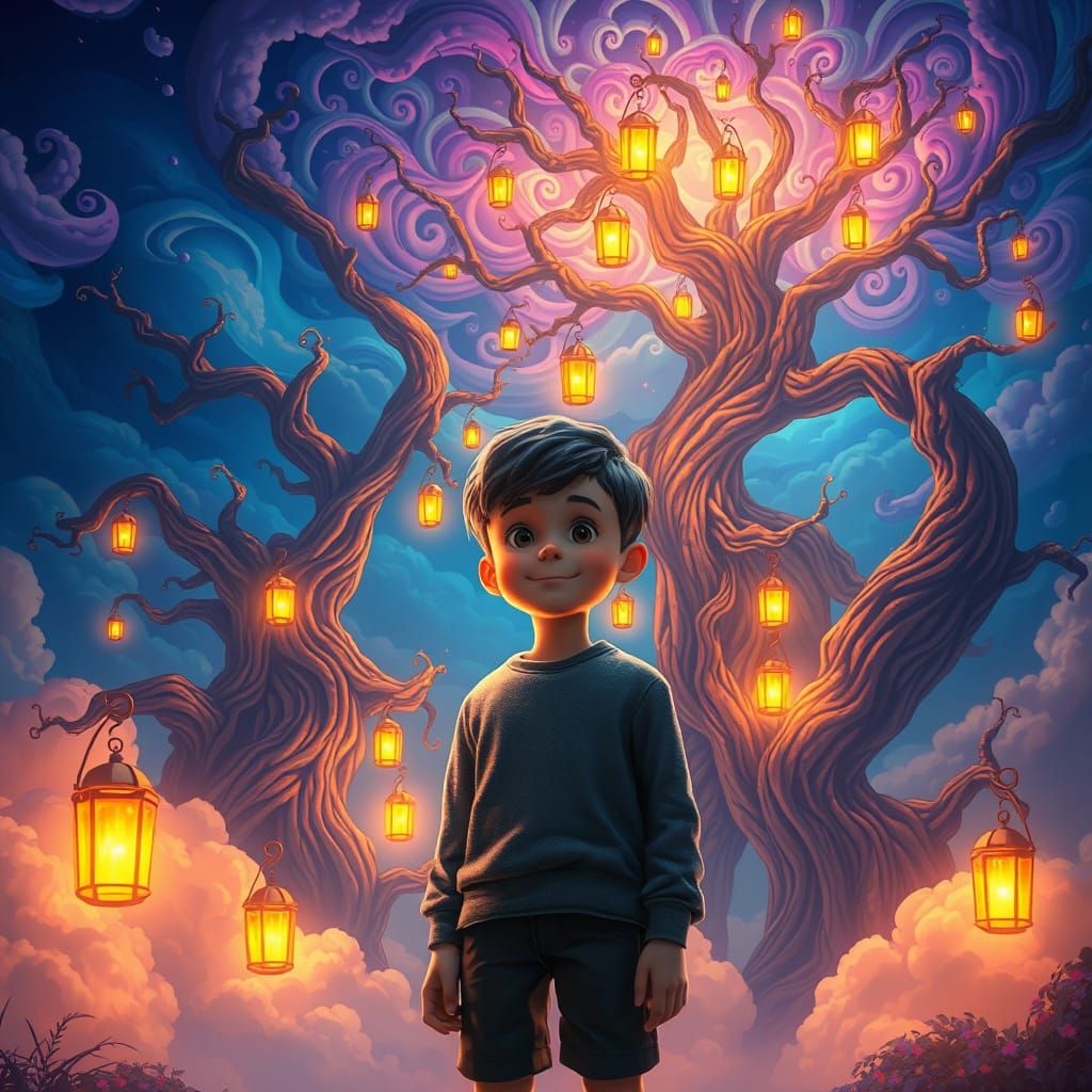 Whimsical Boy in a Dreamlike Landscape