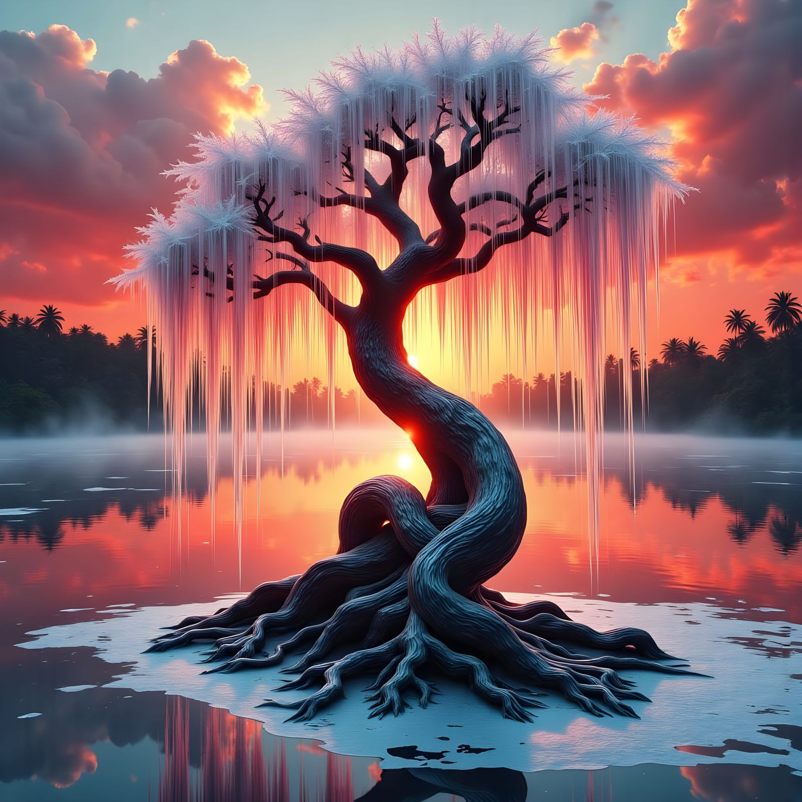 Neo-Expressionist Glass Willow Tree at Jungle Dawn