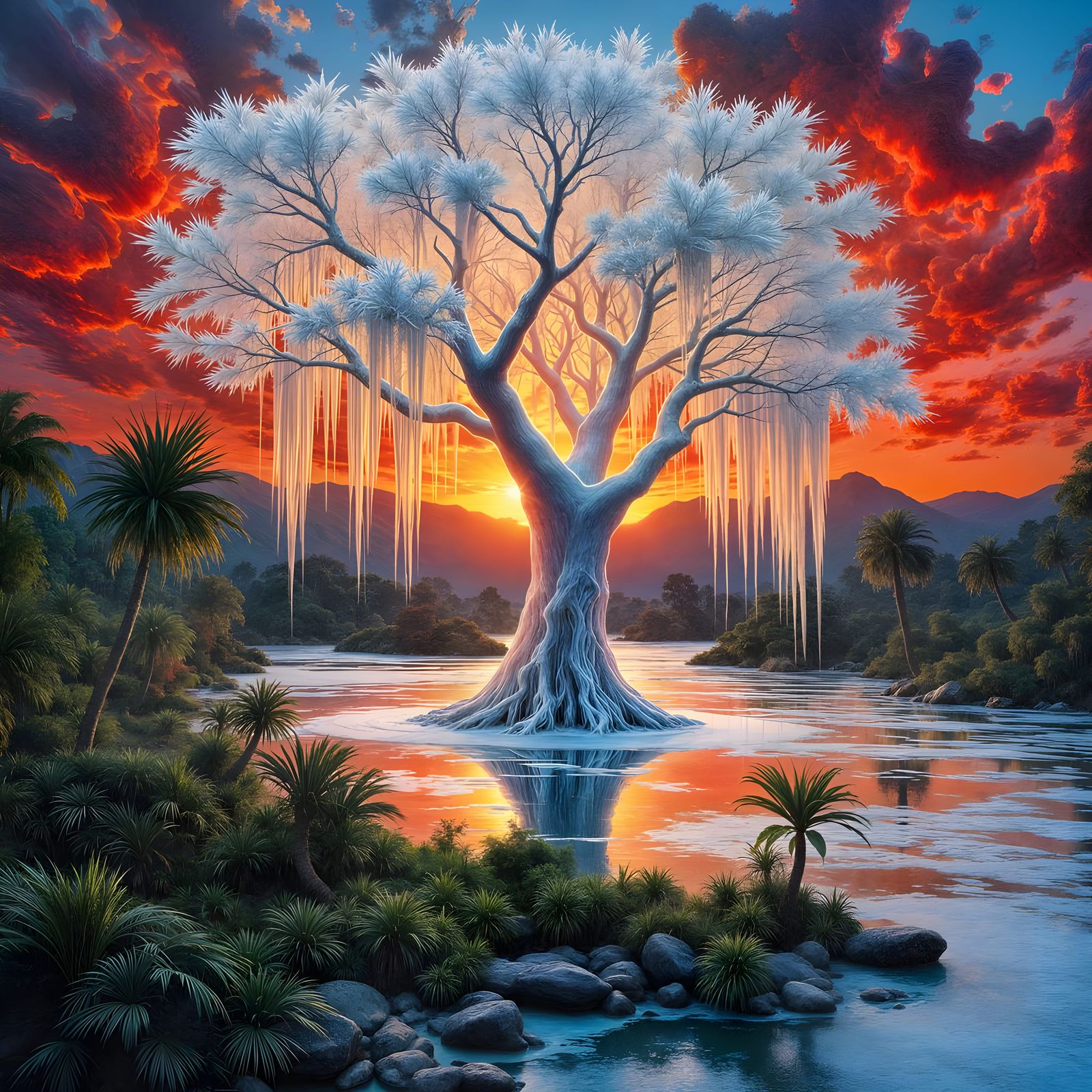 Neo-Expressionist Crystal Willow Tree on Frozen Lake at Dawn