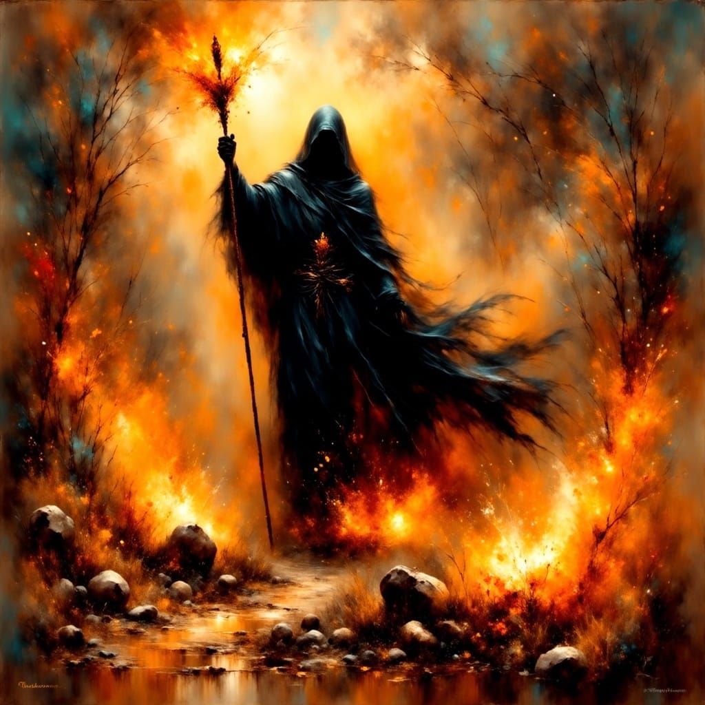 Mysterious Figure Rises from Fiery Inferno in Impressionist....
