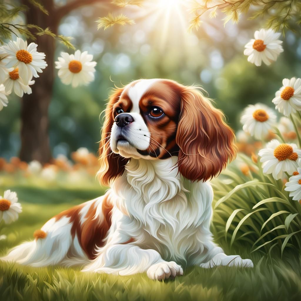 Cavalier King Charles Spaniel in Sunlit Meadow