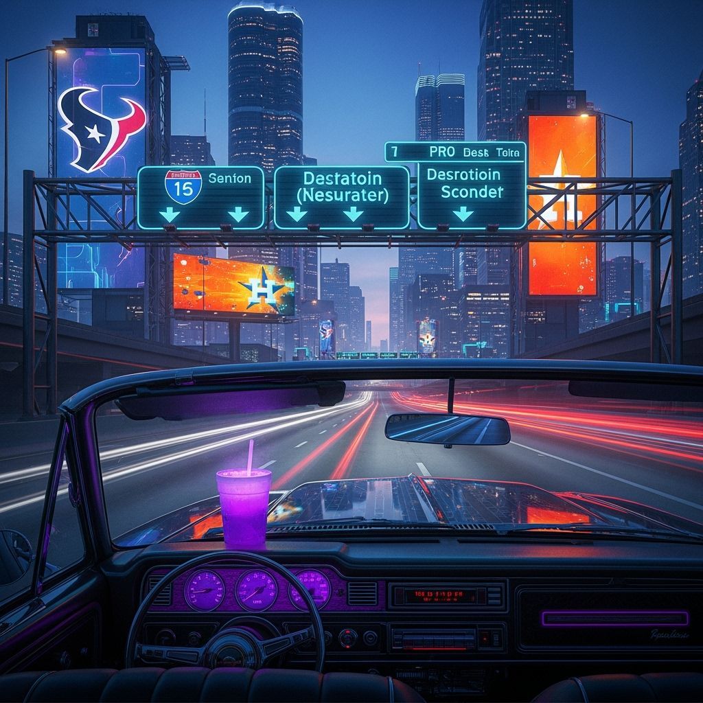 Houston Night Skyline with Lowrider, Futuristic Art