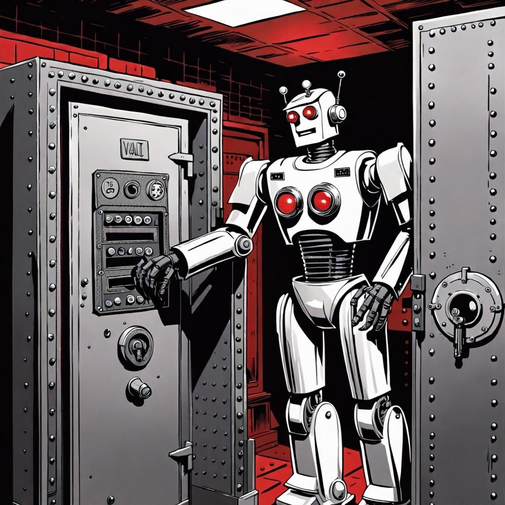 Robot Detective in Bank Vault: 1950s Comic Style